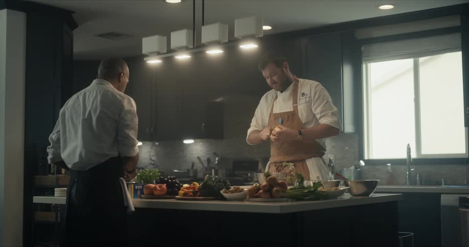 Two men are in a kitchen preparing fruit