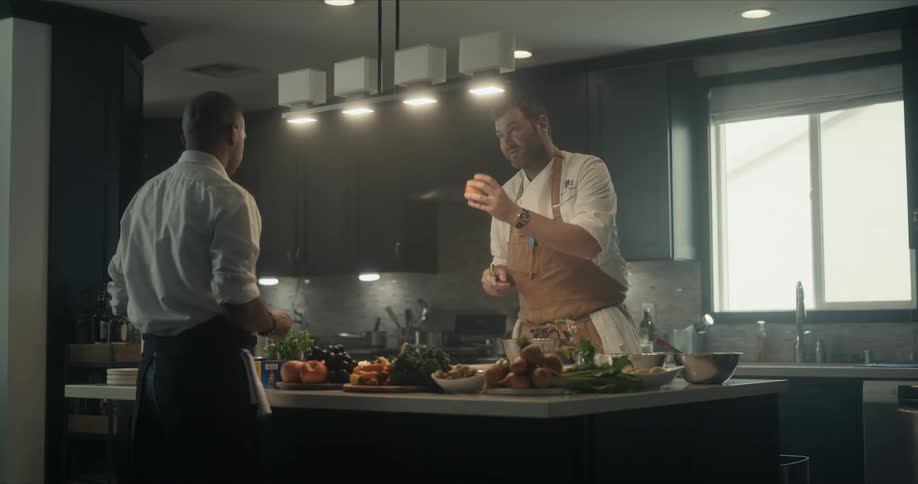 Two cooks talk in the kitchen