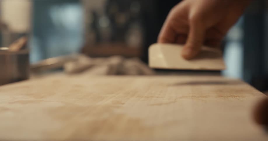 A person is scraping the flour off the cutting board