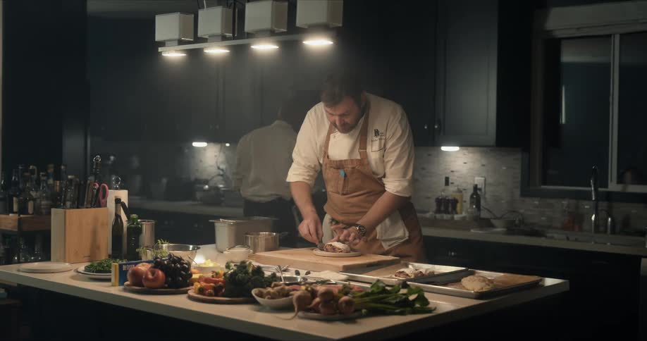 Two men are in a kitchen preparing food
