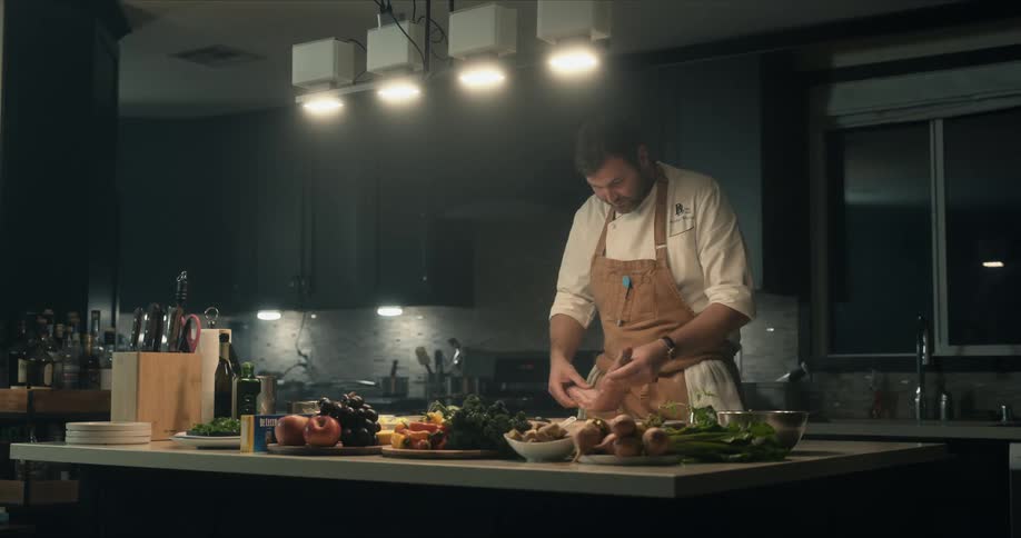 A chef is cutting fish in the kitchen
