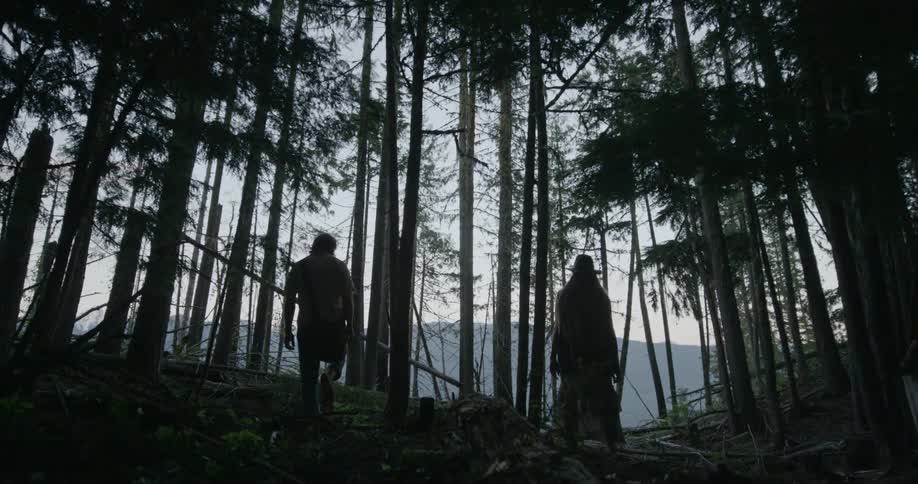 A man and a woman are walking to the edge of a forest overlooking a mountain in the distance