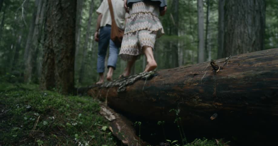 A man and a woman are walking barefoot on a log in the forest