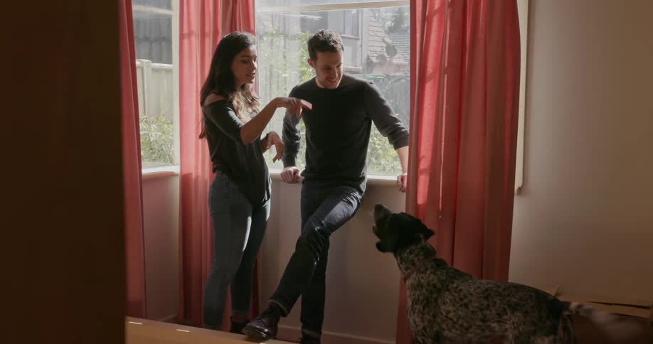A man and woman play with their dog in a bedroom