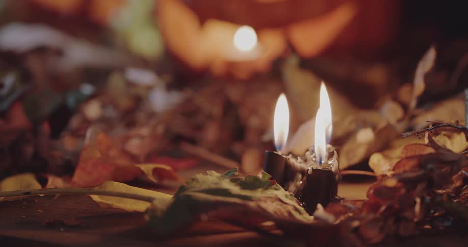 Three dark candles burn low among leaves as lit jack o lanterns sit in background