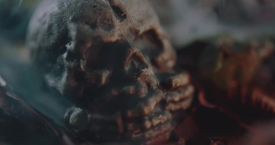 Halloween skull decoration over dry leaves surrounded by white smoke