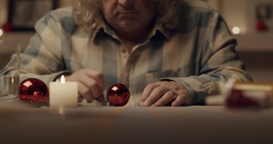 Man is sitting at the table playing with an ornament