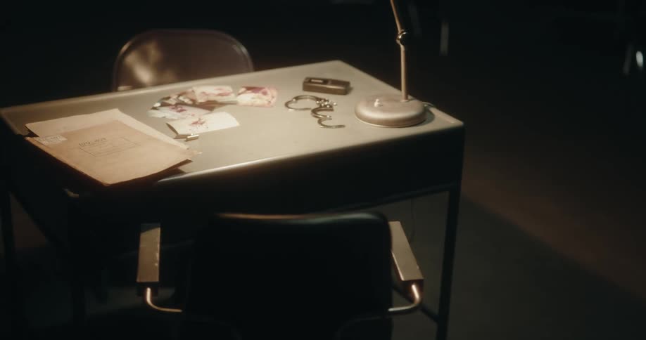 Table lamp over a desk inside a dimly lit interrogation room