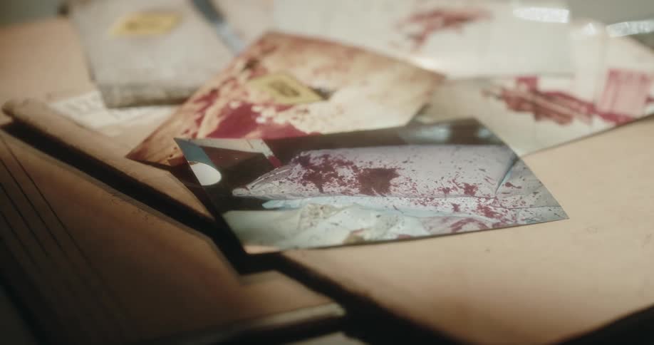 Crime scene photos lie on an envelope on a table