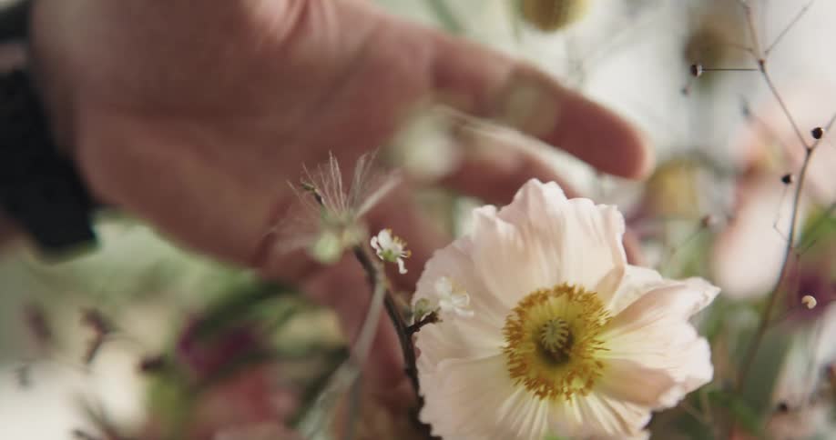 Person arranges blossoms and budding twigs in floral display