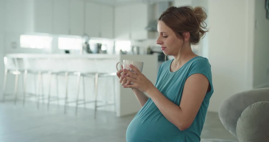 Young pregnant woman is drinking coffee