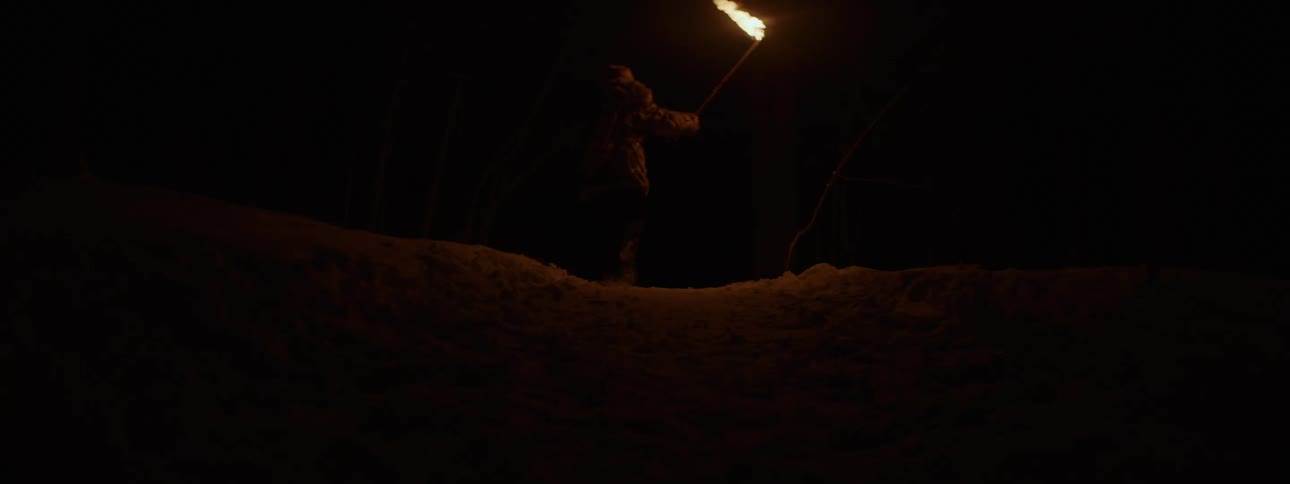 A man carrying a torch walks along a path