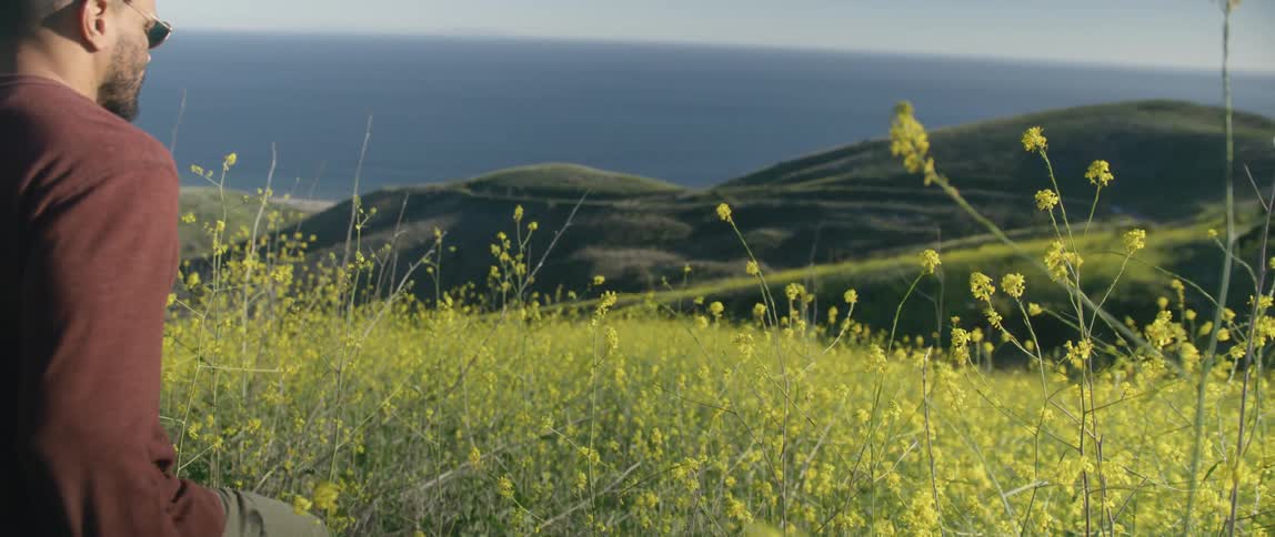 A man walks down a hill covered in flowers