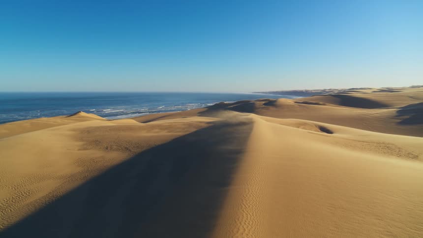 Aerial view of the Skeleton Coast and sand dunes blowing in the wind