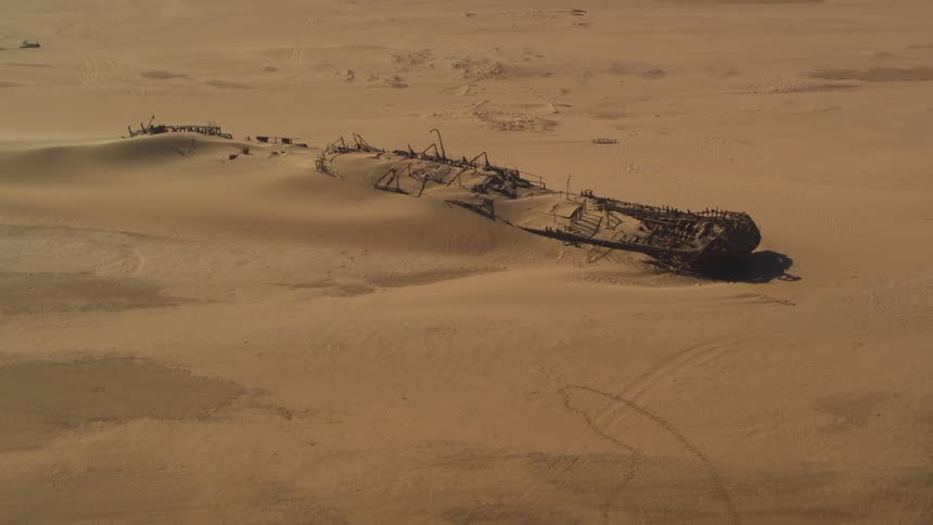 Aerial of Eduard Bohlen shipwreck in the desert of Namibia