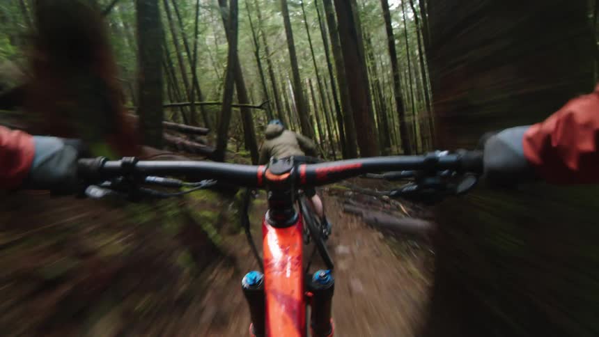 Two people are riding their bicycles on a fast winding forest mountain bike trail