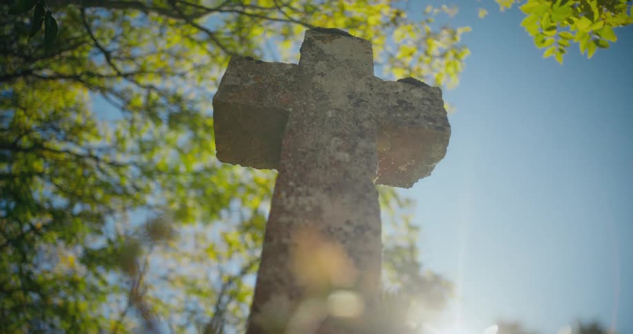 The sun shines on a cross shaped gravestone and trees are in the distance