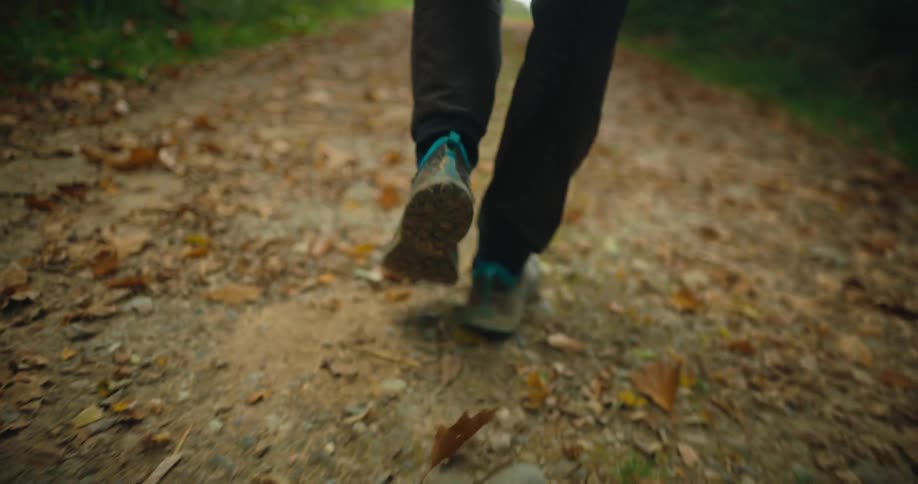 A person is walking outdoors on a dirt path covered with leaves