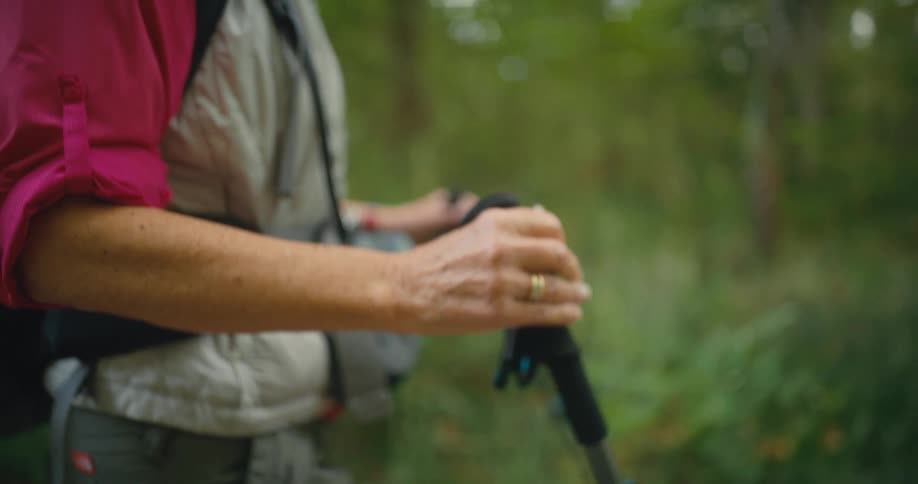 A hiker walks through a woodland while using a pair trekking poles