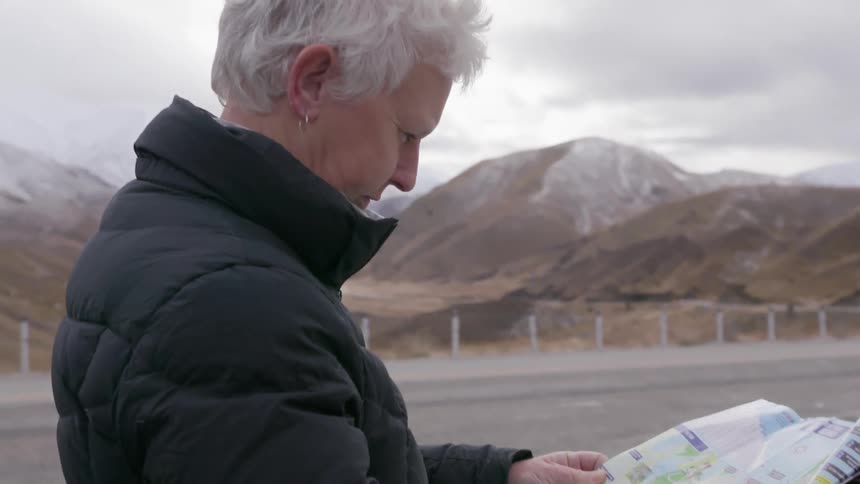 A woman is looking at a map on the roadside