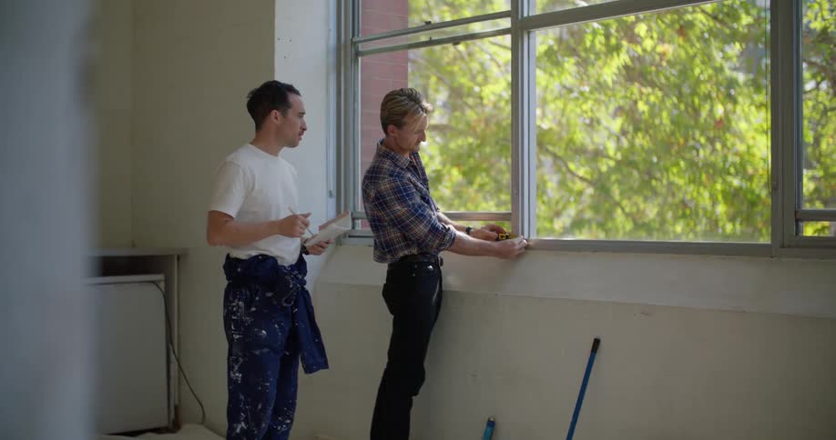 Two men are standing in a room and one man is measuring a window and the other is holding a piece of paper and a pen