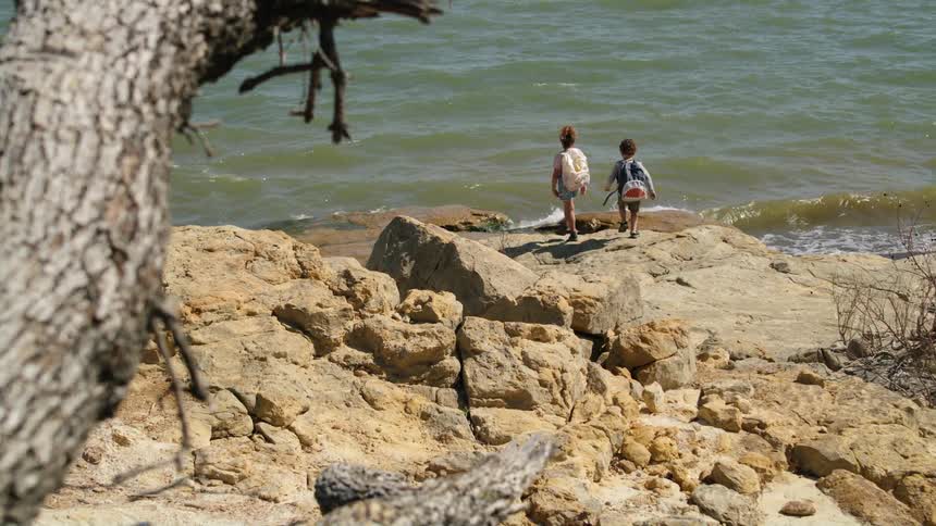 A boy runs up behind his sister and jumps down off a rock closer to the waves