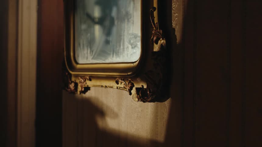 Light sweeps across a dark wall with a gilded framed mirror