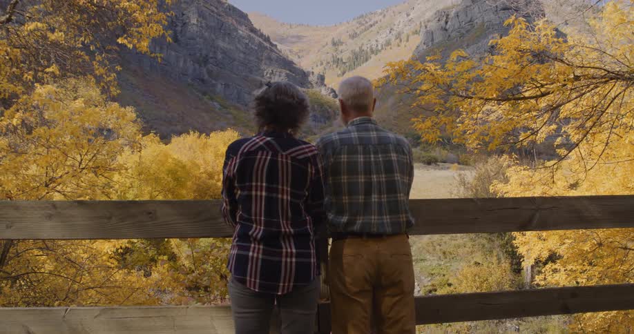 A couple stand by the railing looking at the view