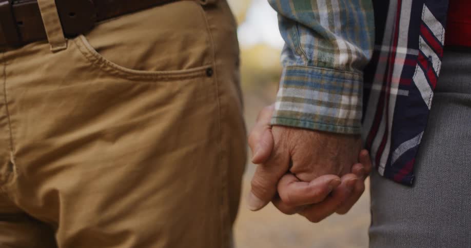 Elderly couple hold hands while walking on trail in the forest