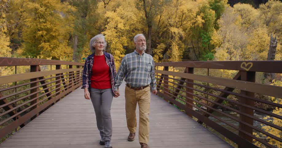 Elderly man and woman walk across the bridge holding and looking around in the forest