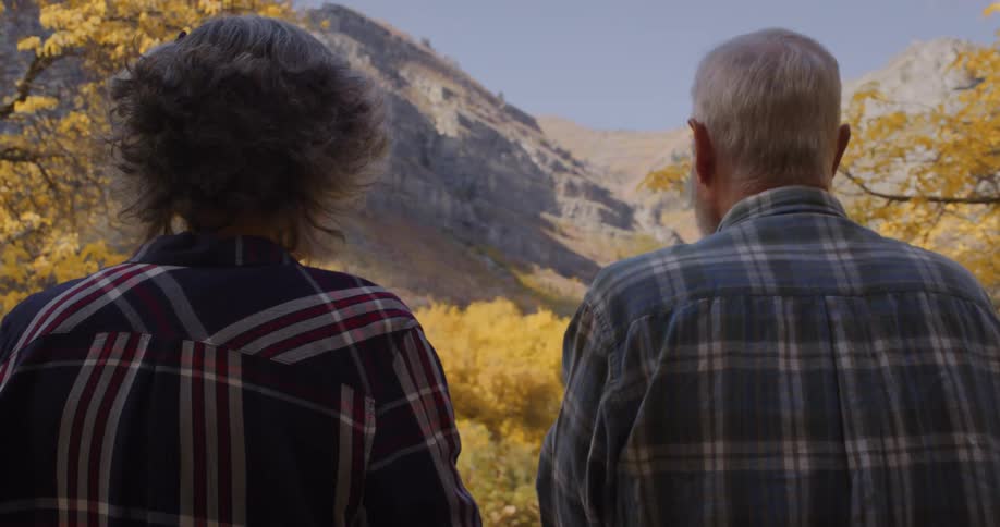 An elderly man and woman stand and look at a mountain range and fall trees