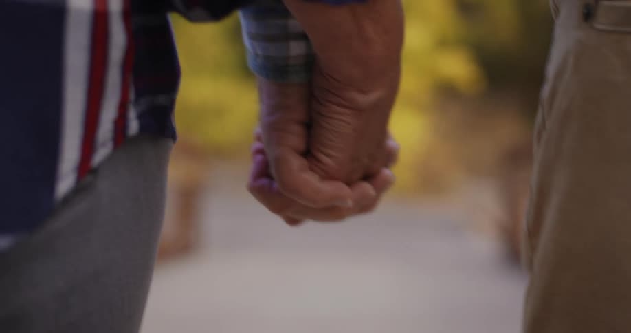 An elderly man and woman hold hands as they walk down a path in a park