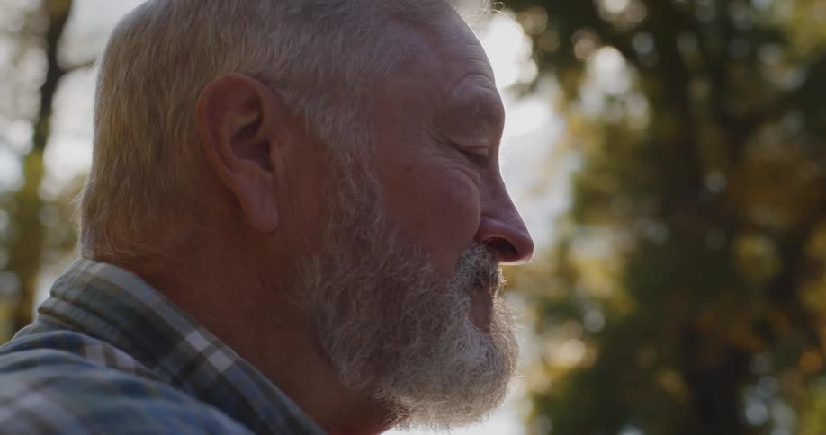 An elderly man under fall trees talks as the sun shines down on him