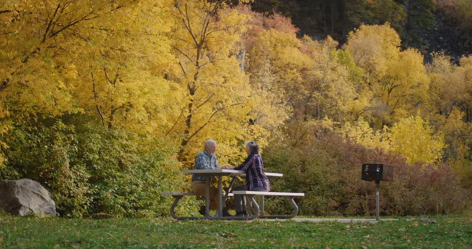 An old man and woman are sitting at a picnic table in a park