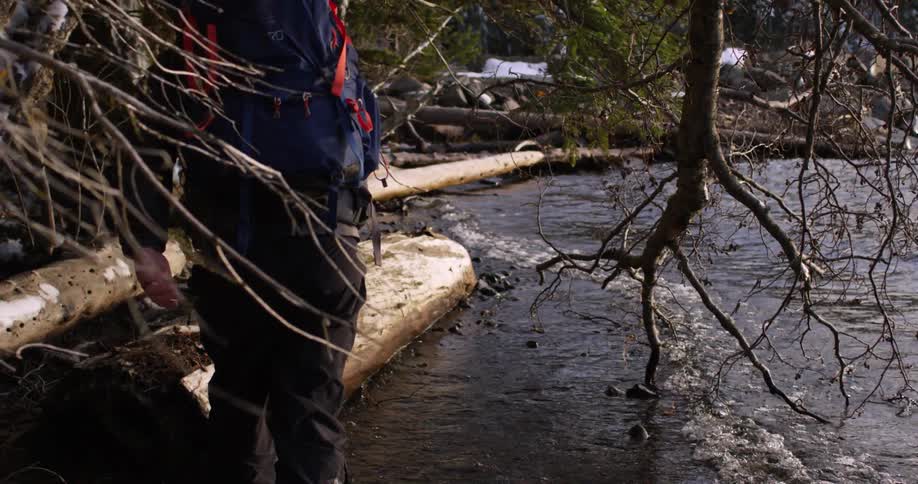 Man hikes next to a lake in the wilderness