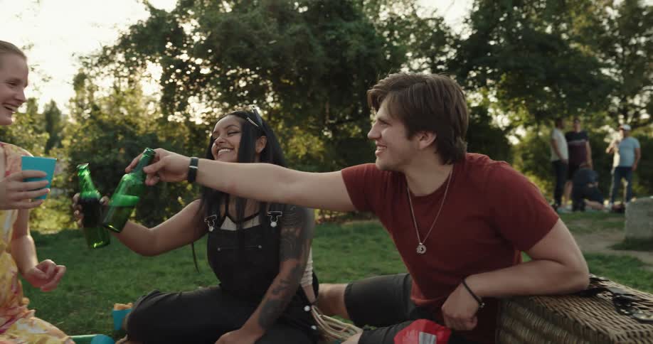 A group of friends toast each other while drinking in a park