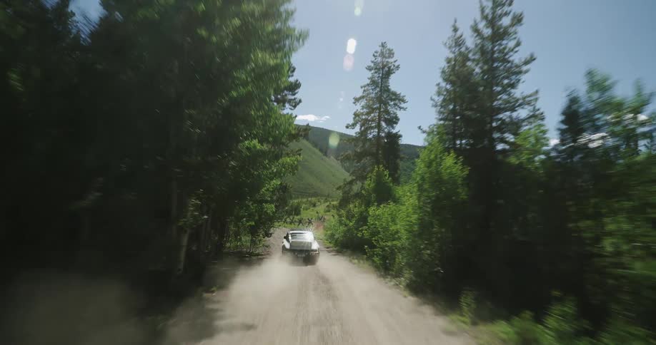 An automobile travels on a dirt road through a forest and there are mountains in the distance