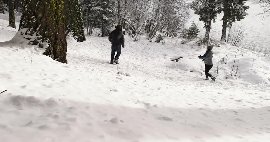 Two people are having a snowball fight on a hill by the water