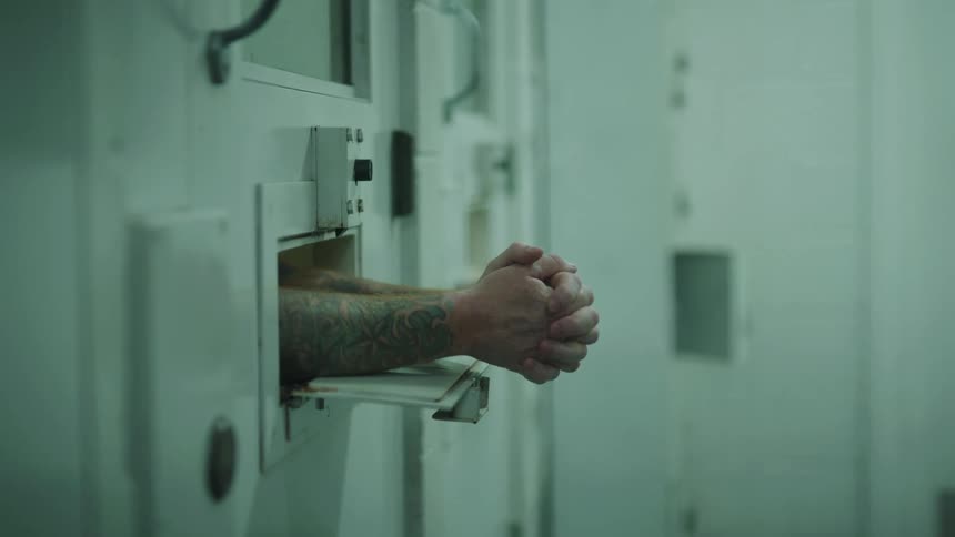 A prisoner puts his hands through the door