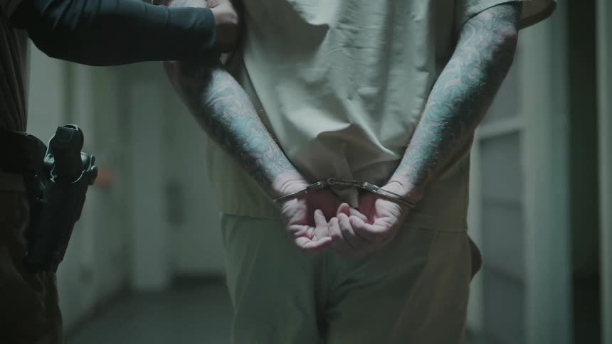 Prison guard escorting a tattooed man in handcuffs to the prison cell