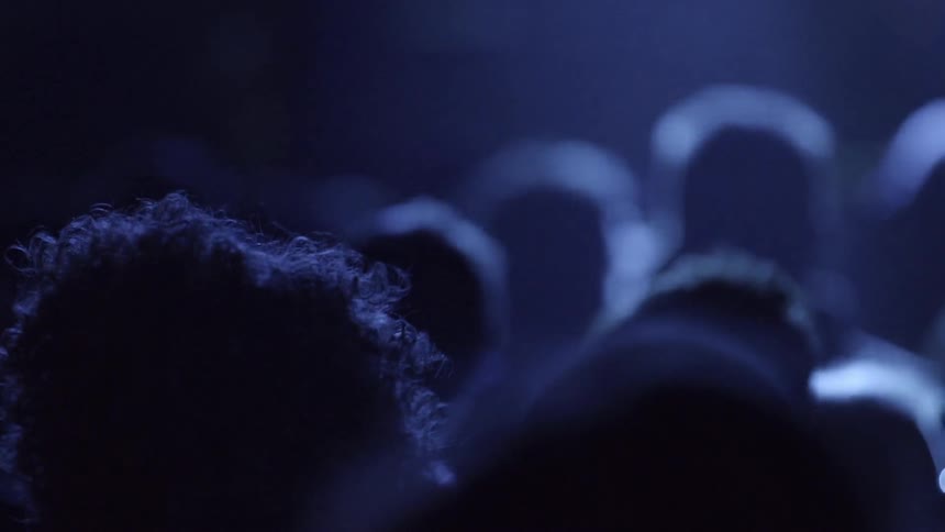 The heads of a crowd as they bounce and sway in a place with blue lighting