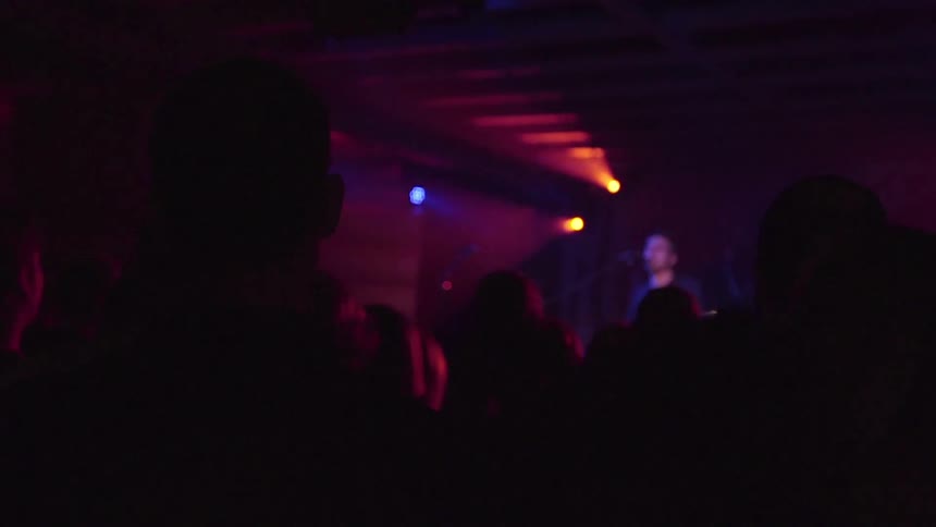 A crowd dances and stands while watching a band
