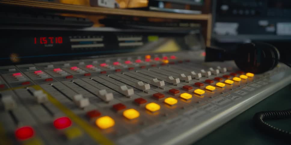 Headphones rest on table near sound studio audio equipment