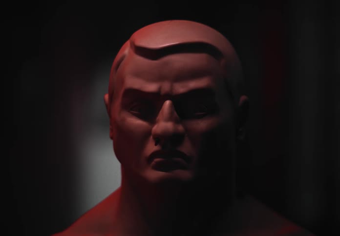 A close-up shot of a punching bag dummy