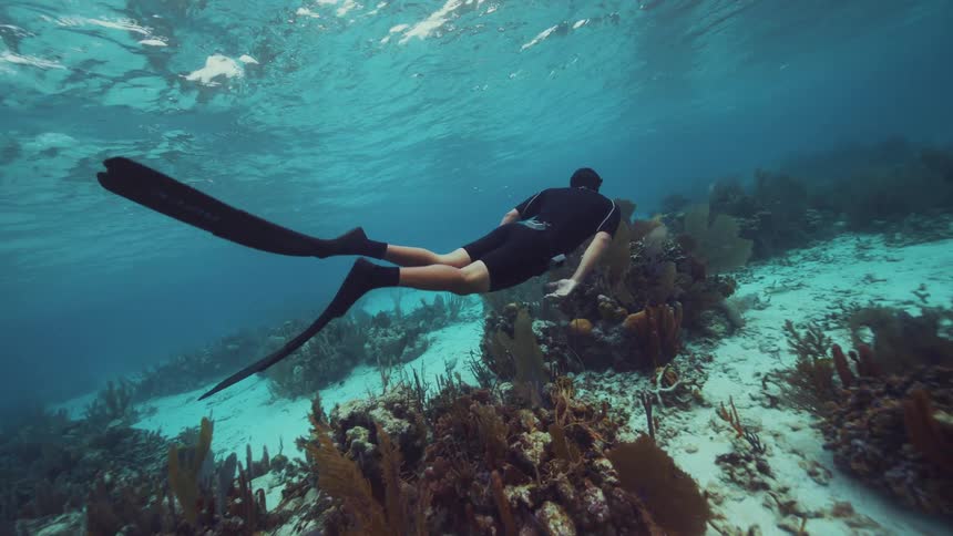 Man wearing wetsuit and flippers diving near a coral reef in the ocean