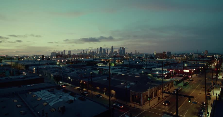 Aerial view of a downtown city at night