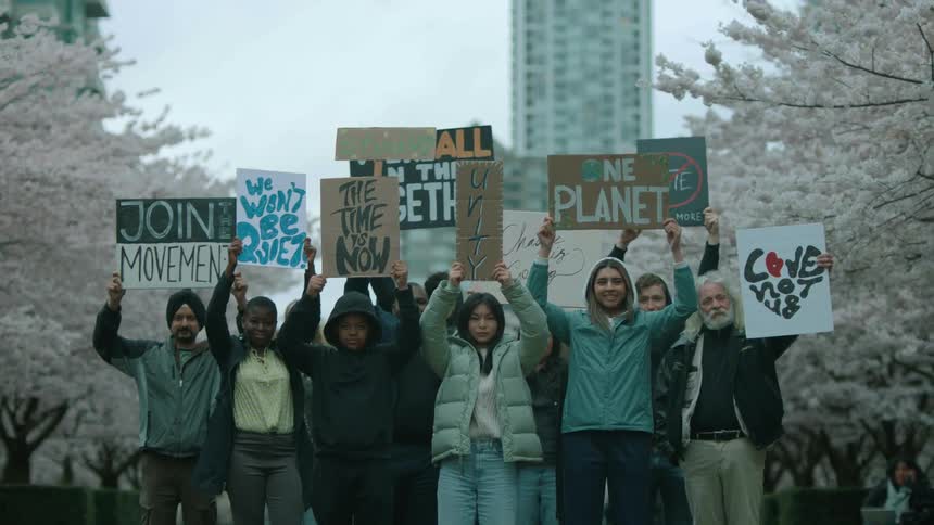People stand outside in a snowy city holding protest signs