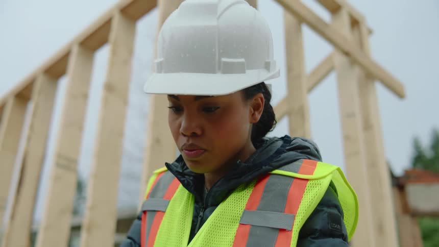 A female construction worker is sawing wood