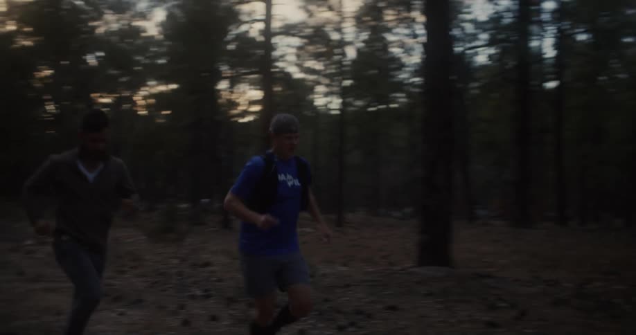 Two men jog through a forest