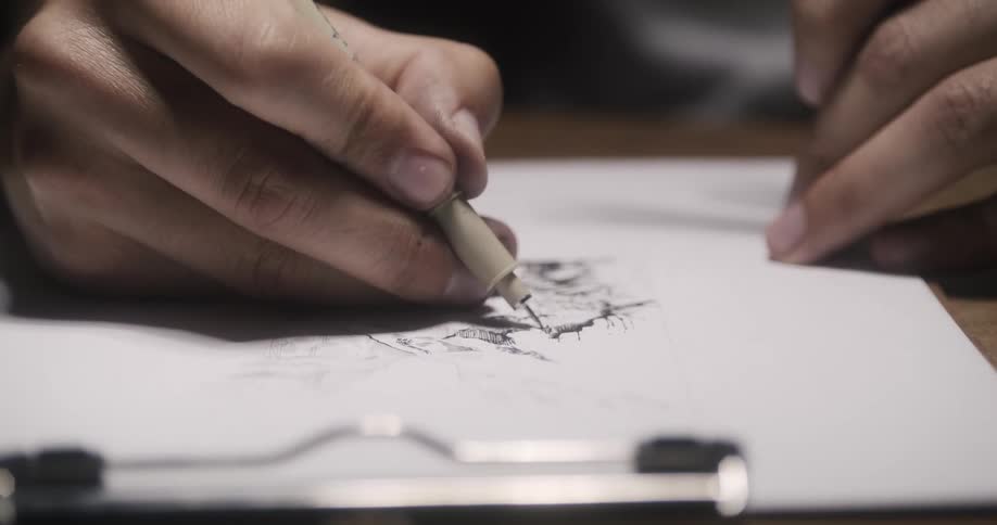 An artist uses a pen to draw on a sheet of paper attached to a clipboard